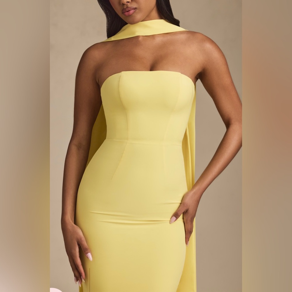 Scarf- Detail Strapless Gown In Pastel Yellow